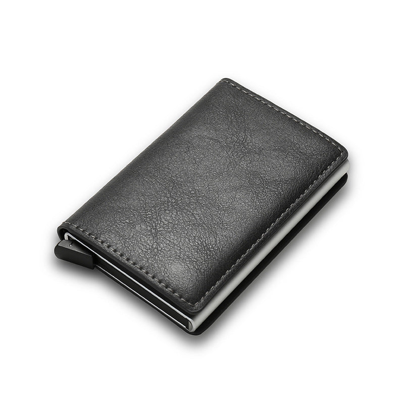 RFID Anti-Theft Swipe Automatic Pop-Up Card Holder in sleek aluminum alloy and PU leather, showcasing its ultra-thin design and automatic card access feature.