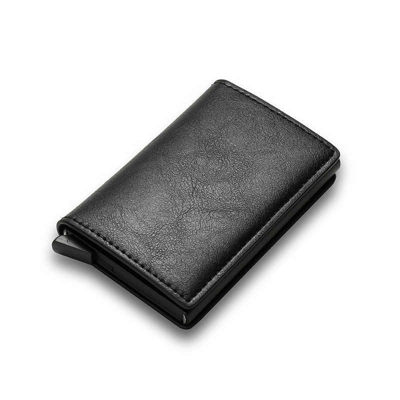 RFID Anti-Theft Swipe Automatic Pop-Up Card Holder in sleek aluminum alloy and PU leather, showcasing its ultra-thin design and automatic card access feature.