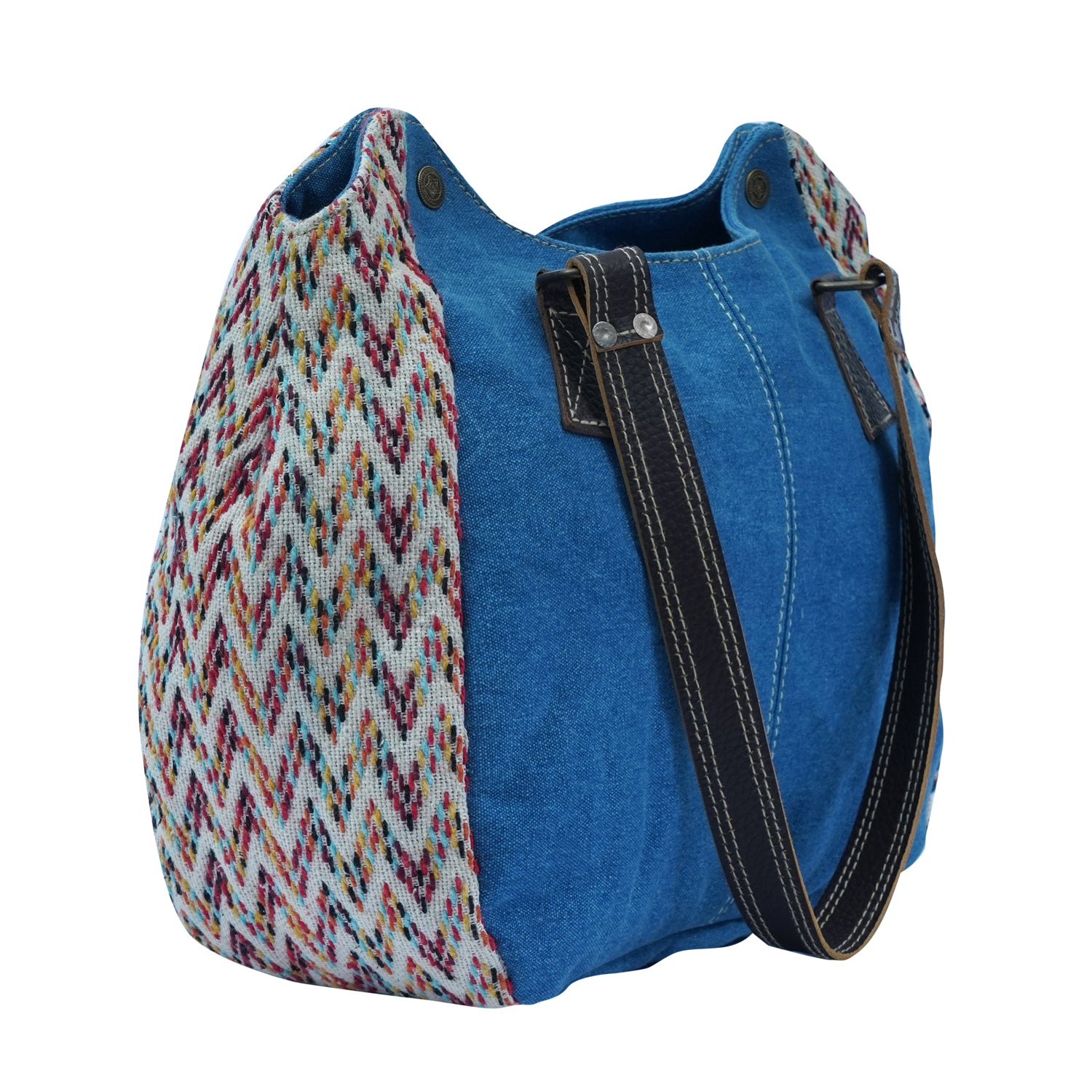 Rihu Messenger Bag featuring denim, cotton, and leather materials with exquisite stitching, perfect for casual outfits.