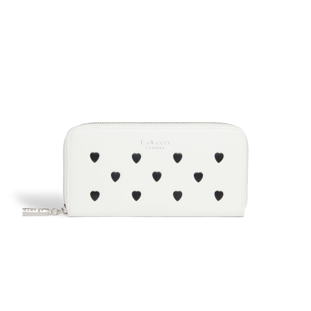 Robin White Vegan Wallet featuring heart studs and LaBante London logo, spacious design with zip-around fastening.