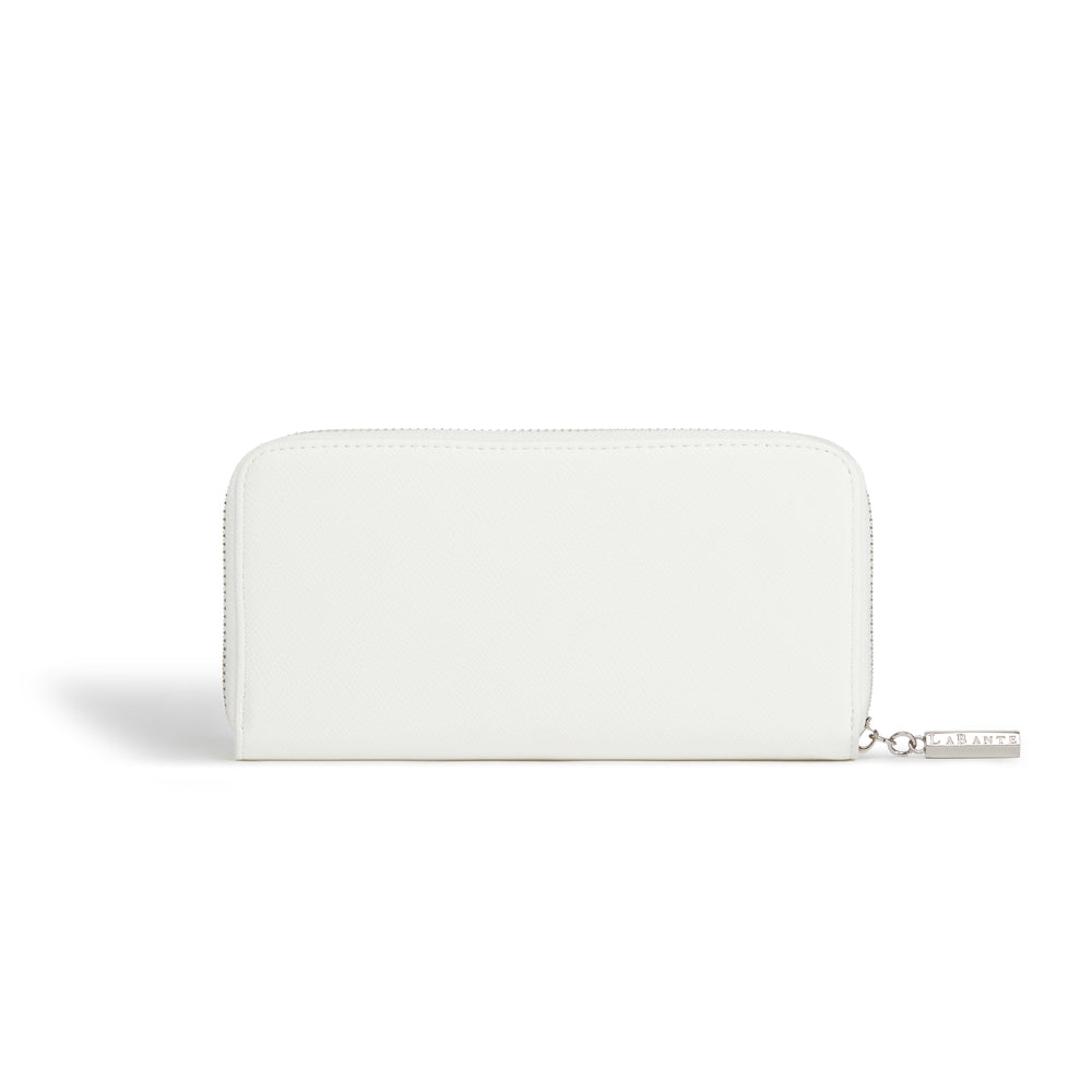 Robin White Vegan Wallet featuring heart studs and LaBante London logo, spacious design with zip-around fastening.