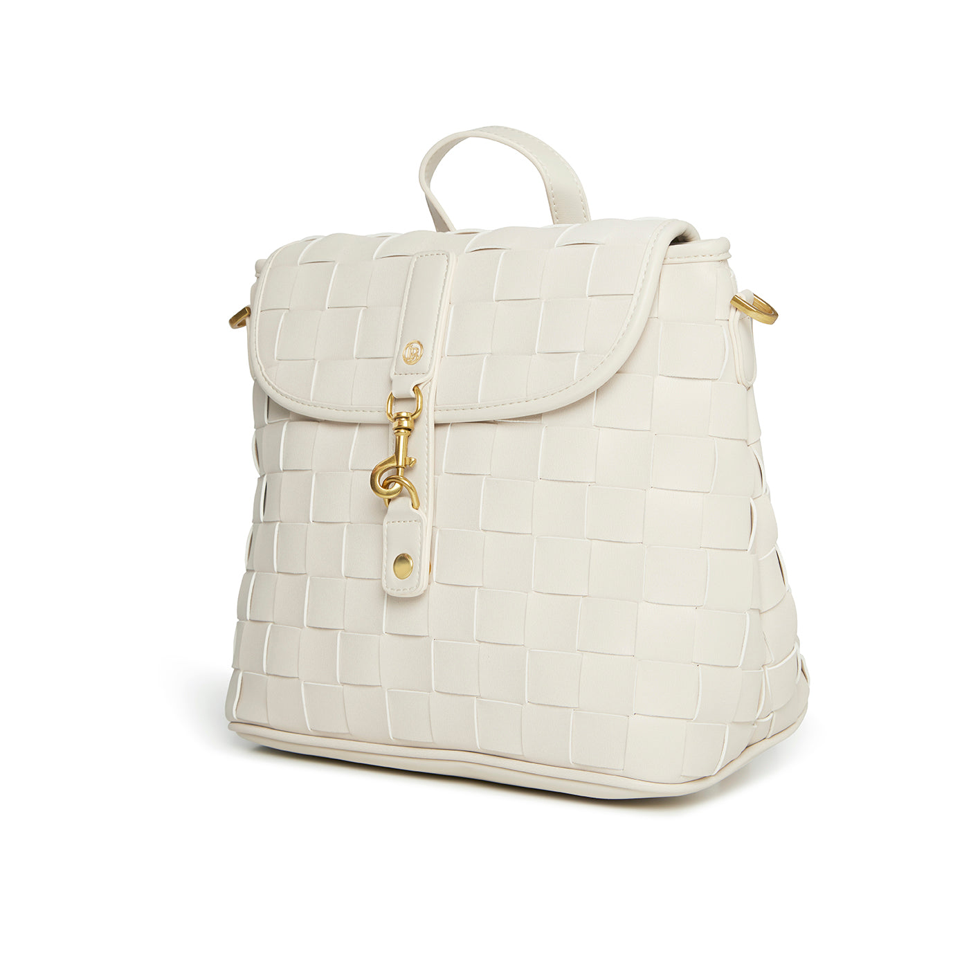 Rosie White Mini Backpack made from sustainable vegan leather, featuring adjustable straps and a bright red interior.