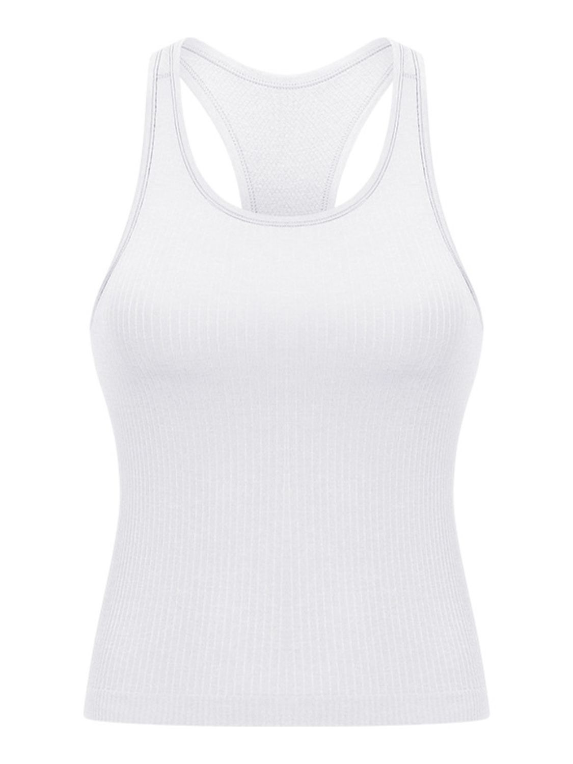 Round Neck Racerback Active Tank in various colors, showcasing removable padding and a comfortable fit.