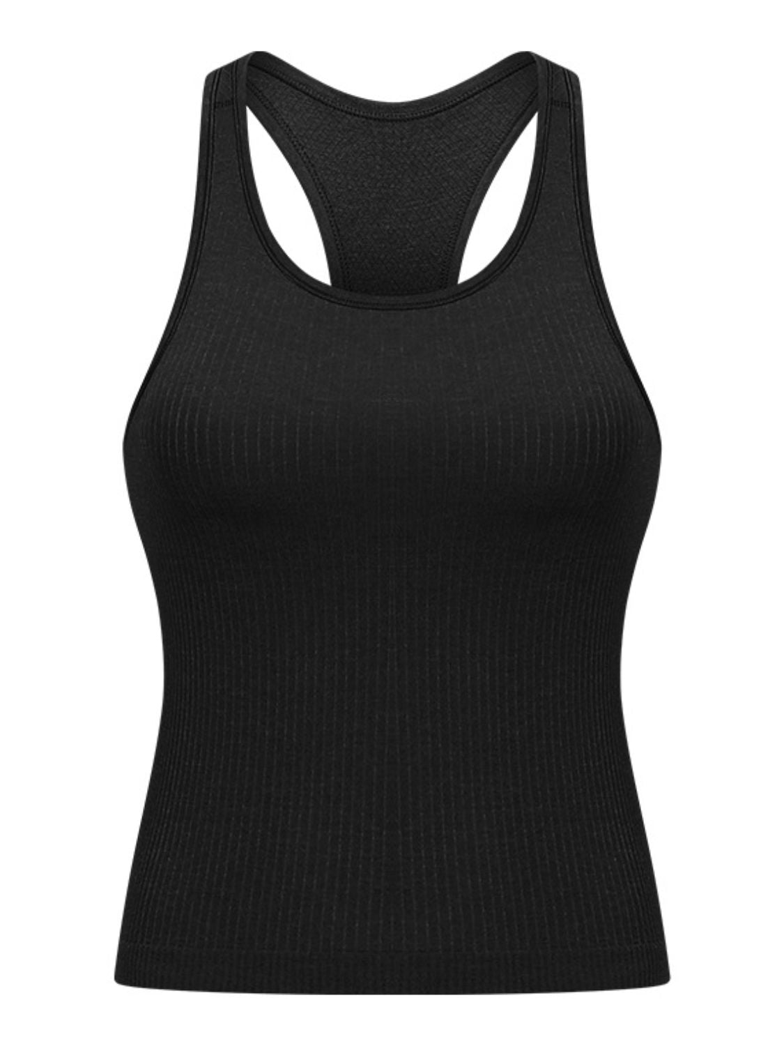 Round Neck Racerback Active Tank in various colors, showcasing removable padding and a comfortable fit.