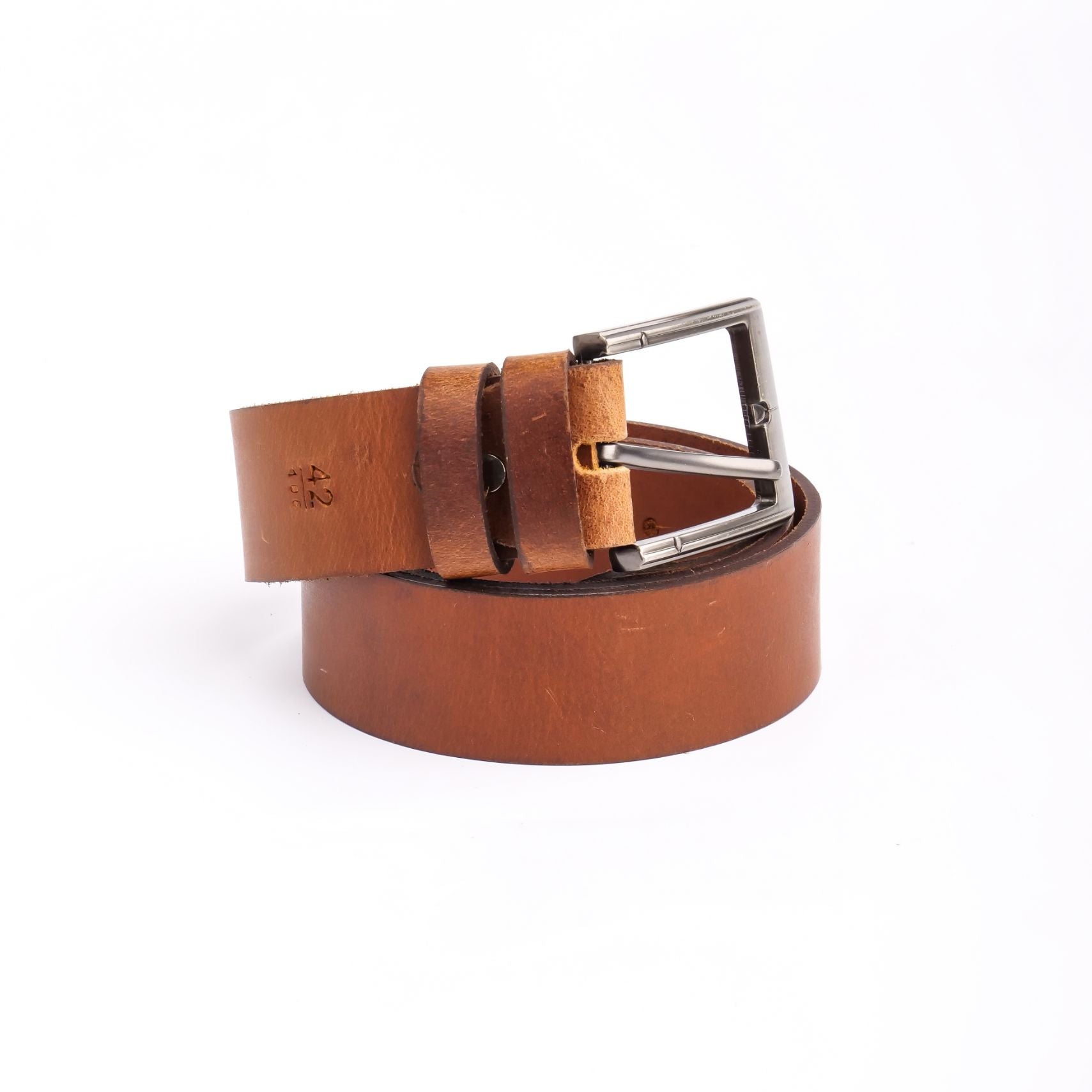 A rustic leather belt with double thread stitching and a single pin buckle, showcasing its quality and style.