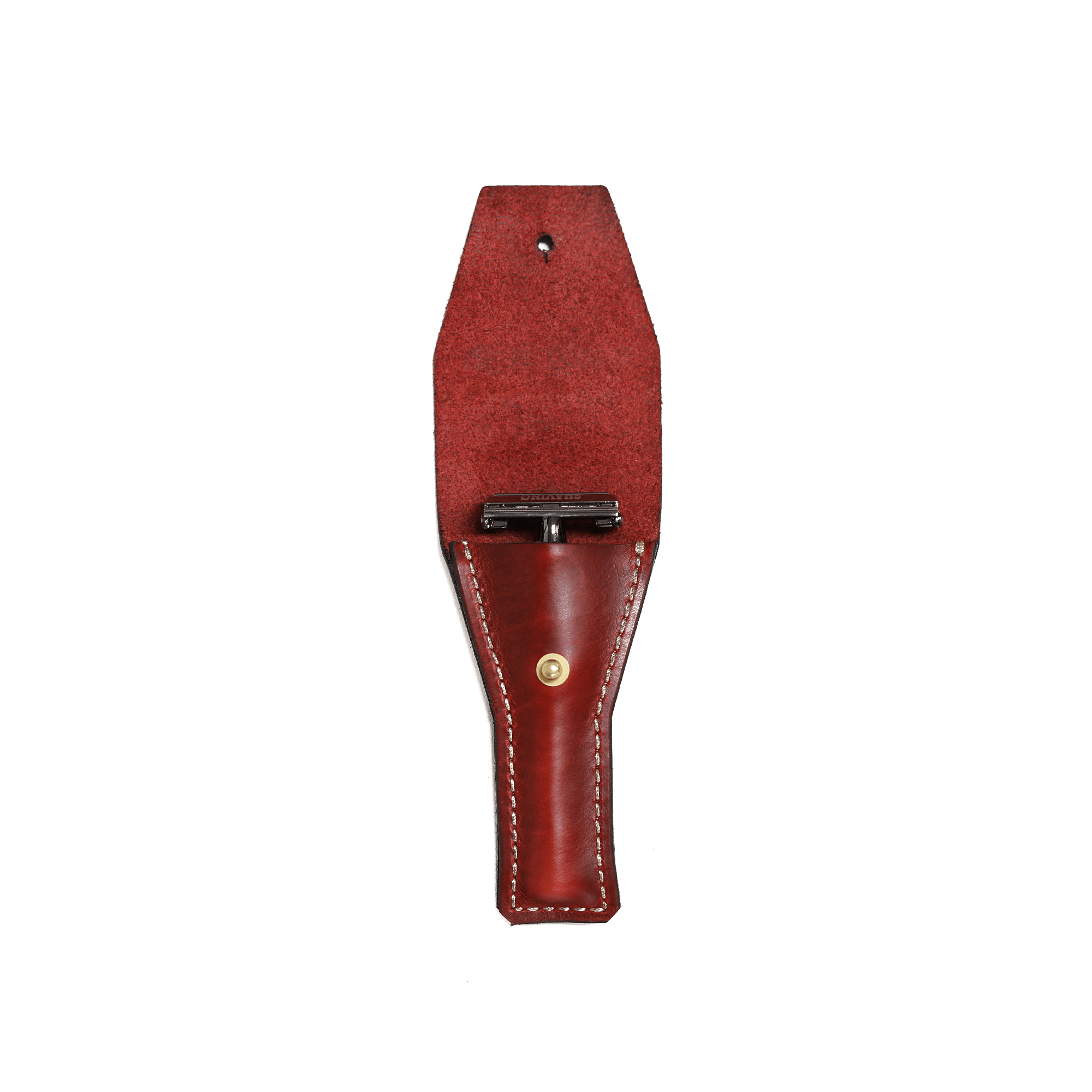 Handcrafted Safety Razor Holder made from full grain leather, designed for double edge razors with personalized options.