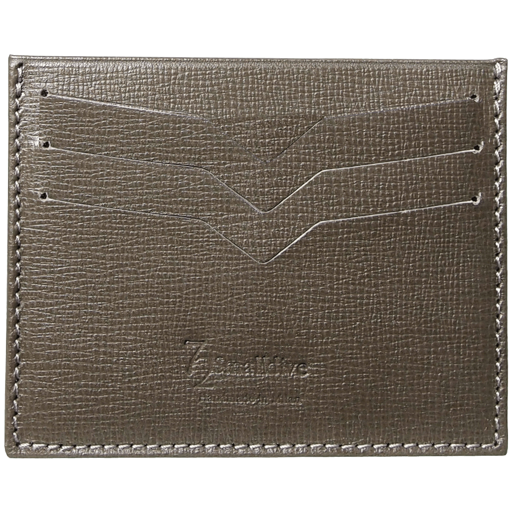 Saffiano Credit Card Wallet in Olive, featuring six slots and a central compartment, crafted from luxurious calf leather.