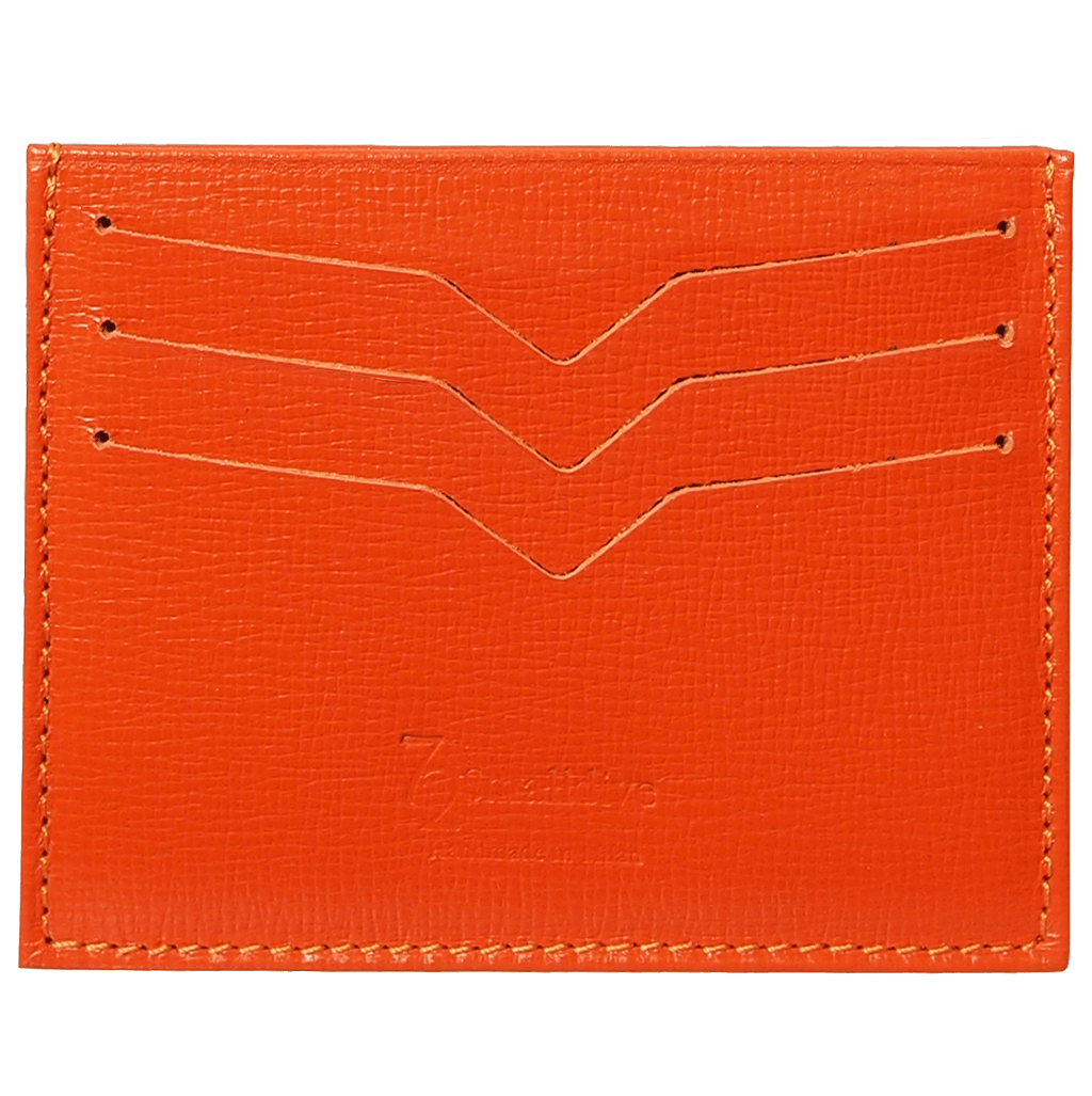 Orange Saffiano Credit Card Wallet with six slots and central compartment, showcasing its elegant design and premium leather texture.