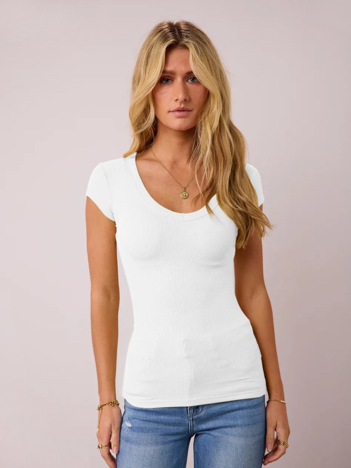 Scoop Neck Cap Sleeve T-Shirt in various colors, showcasing its stylish design and comfortable fit.