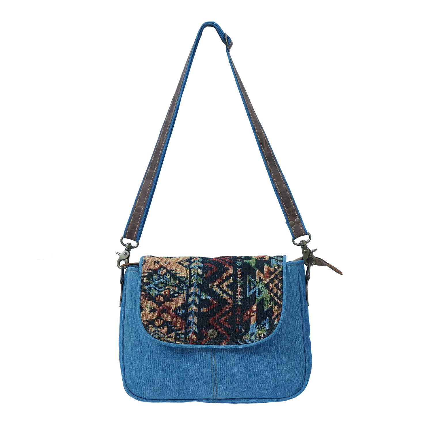 Sedo Crossbody Bag made of denim and cotton, featuring an adjustable strap and spacious interior.