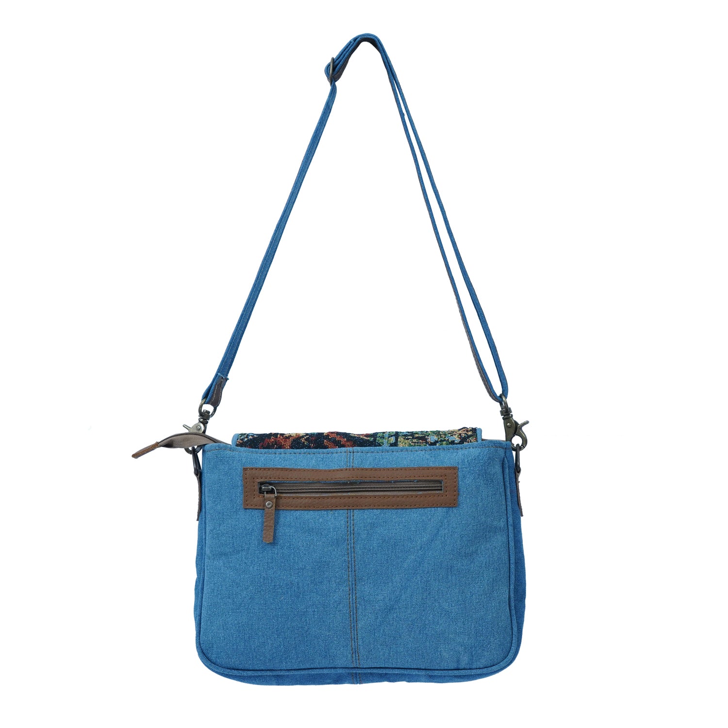 Sedo Crossbody Bag made of denim and cotton, featuring an adjustable strap and spacious interior.