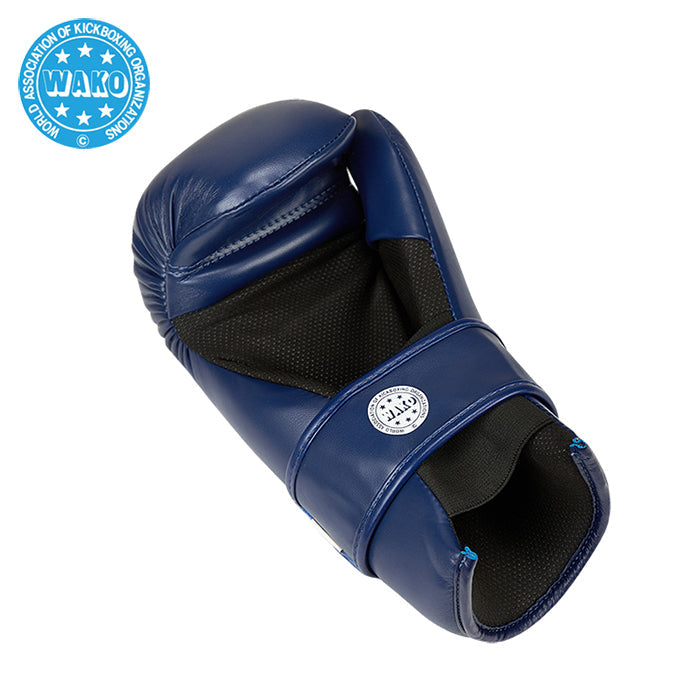 A pair of Semi Contact Gloves made from durable artificial leather, featuring a pre-formed mold and elastic Velcro closure, available in black, red, and blue.