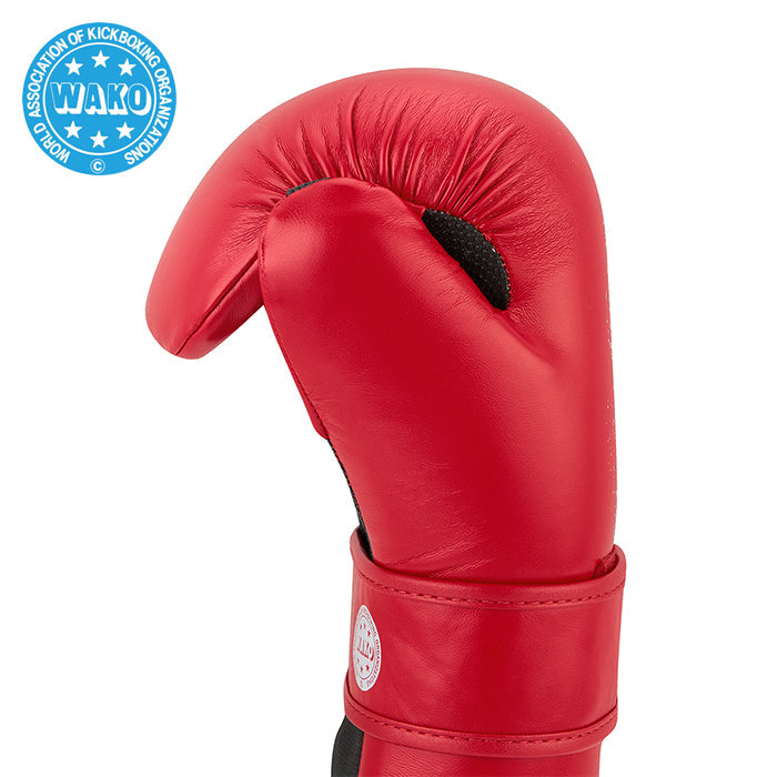 A pair of Semi Contact Gloves made from durable artificial leather, featuring a pre-formed mold and elastic Velcro closure, available in black, red, and blue.