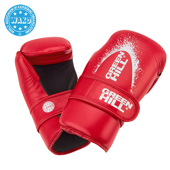 A pair of Semi Contact Gloves made from durable artificial leather, featuring a pre-formed mold and elastic Velcro closure, available in black, red, and blue.