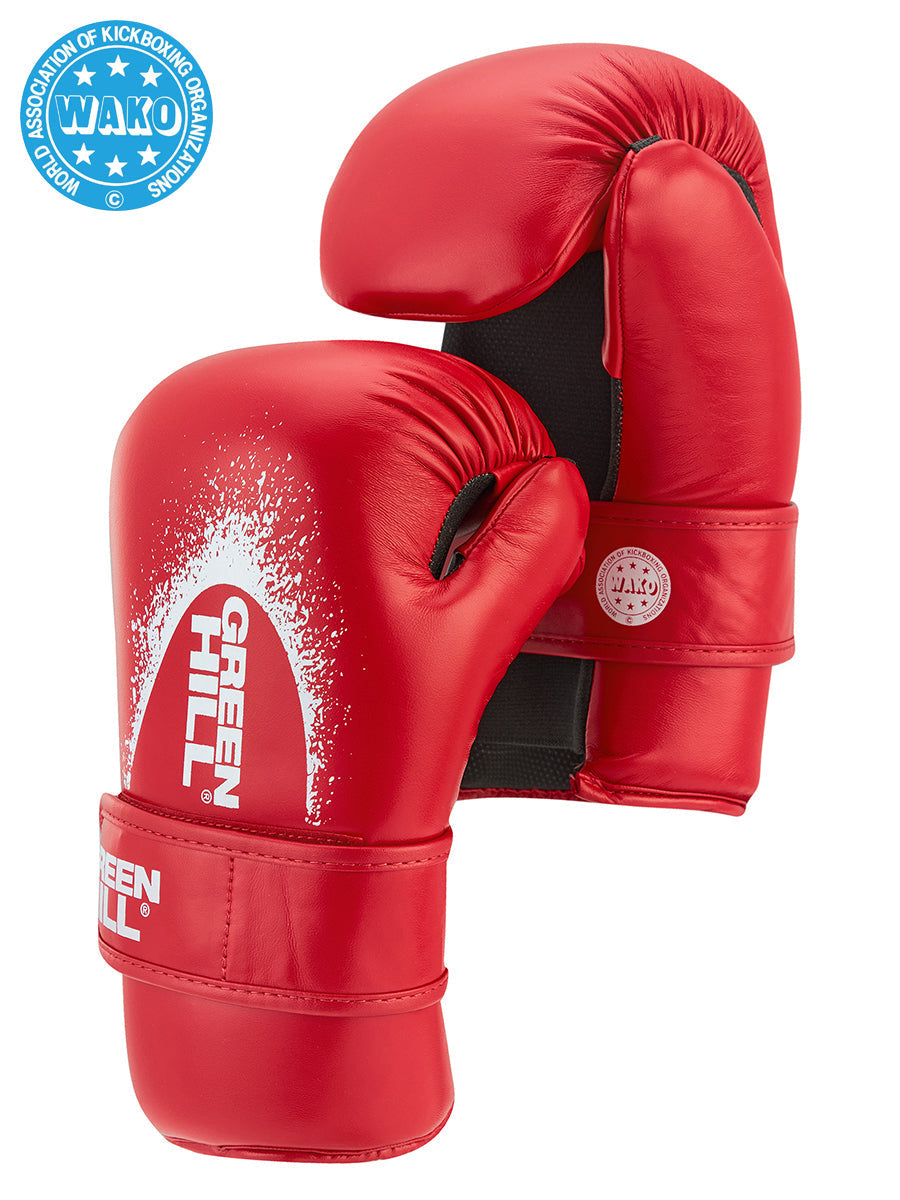 A pair of Semi Contact Gloves made from durable artificial leather, featuring a pre-formed mold and elastic Velcro closure, available in black, red, and blue.