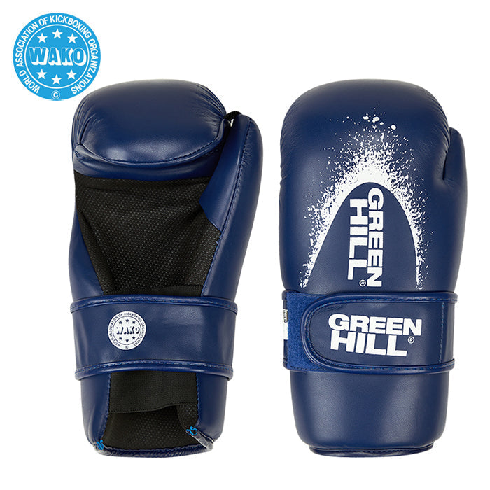 A pair of Semi Contact Gloves made from durable artificial leather, featuring a pre-formed mold and elastic Velcro closure, available in black, red, and blue.