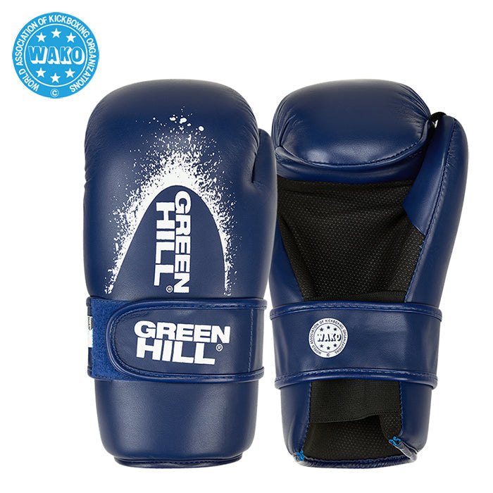 A pair of Semi Contact Gloves made from durable artificial leather, featuring a pre-formed mold and elastic Velcro closure, available in black, red, and blue.