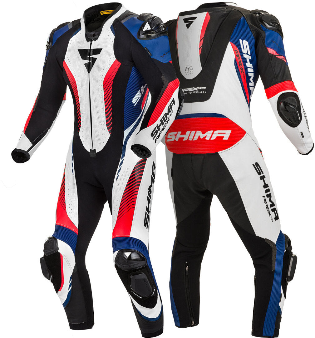 SHIMA Apex RS One Piece Motorcycle Leather Suit showcasing premium cowhide leather, protective features, and aerodynamic design.