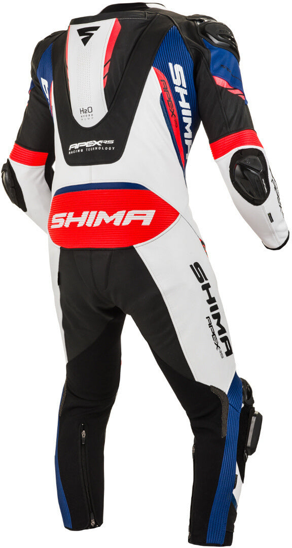 SHIMA Apex RS One Piece Motorcycle Leather Suit showcasing premium cowhide leather, protective features, and aerodynamic design.