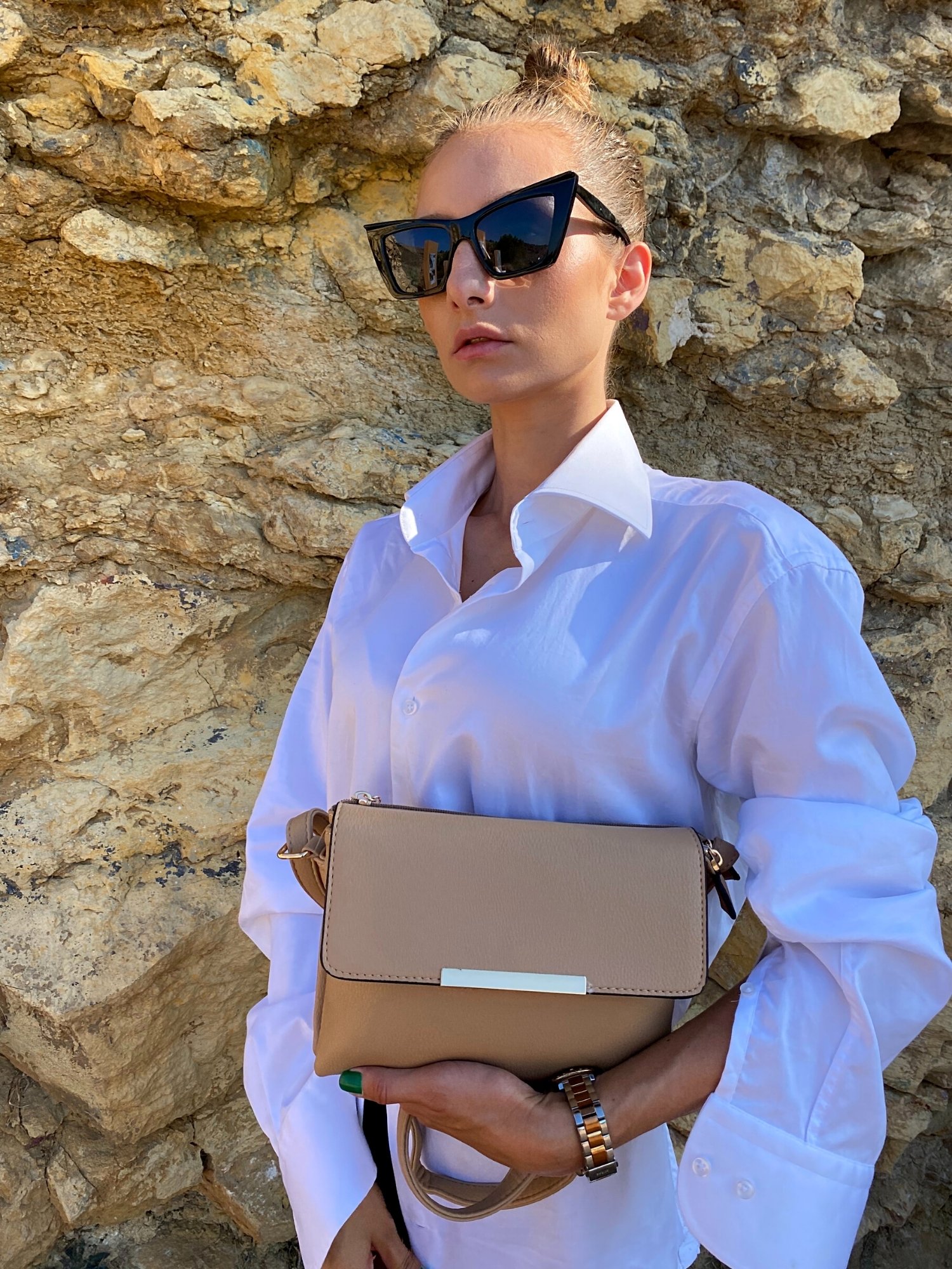 Stylish Shoulder Double Bag in beige and black with adjustable strap and zip closure, showcasing its elegant design and functionality.