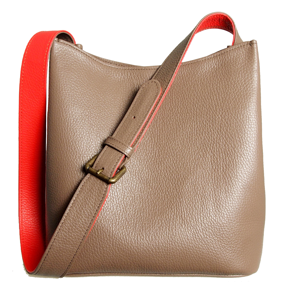 Shoulder Hobo Tote in Taupe-Coral made from pebbled Italian calf leather with a duo-tone strap and burnished brass buckle.