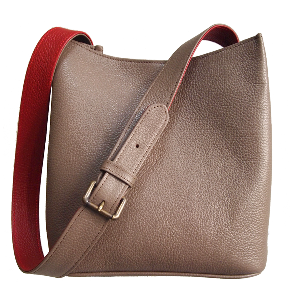 Shoulder Hobo Tote in Taupe-Red, crafted from pebbled Italian calf leather with a duo-tone strap and burnished brass buckle.