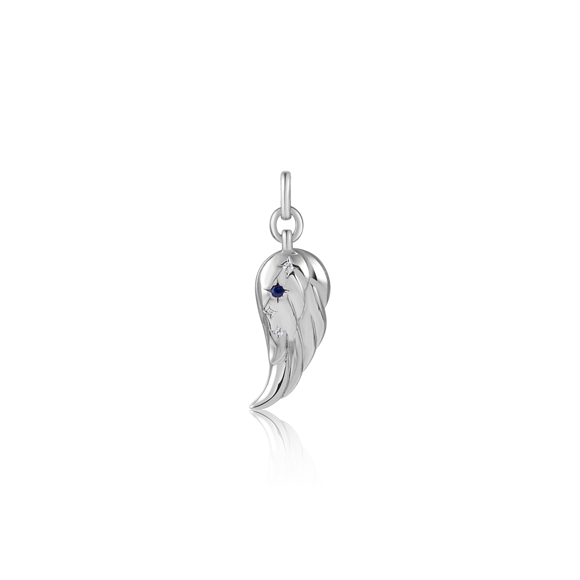 A detailed silver angel wing charm, symbolizing protection and remembrance, elegantly designed for jewelry lovers.