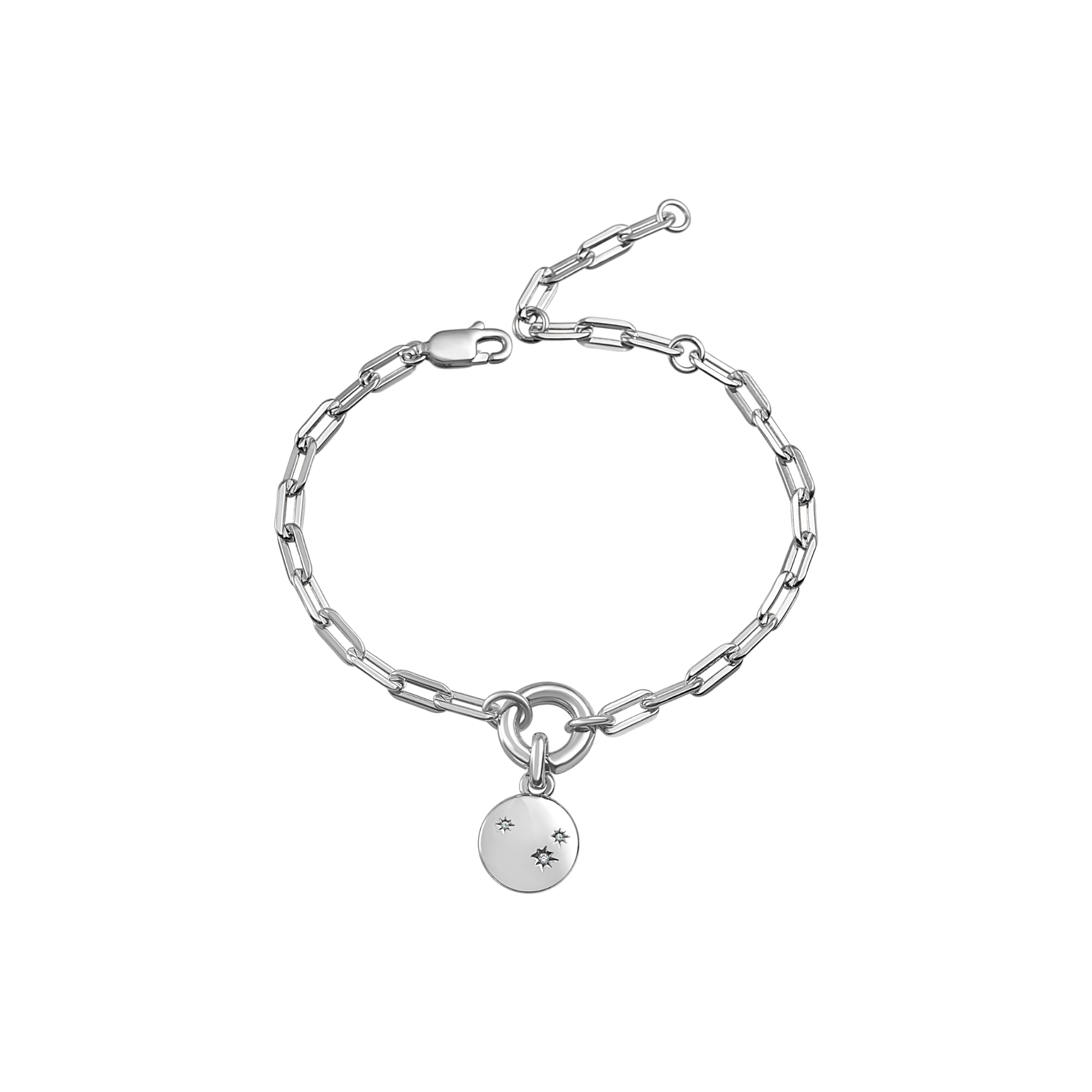 A stunning Silver Stardust Bracelet featuring a Round Stardust Charm, showcasing its luxurious design and adjustable fit.