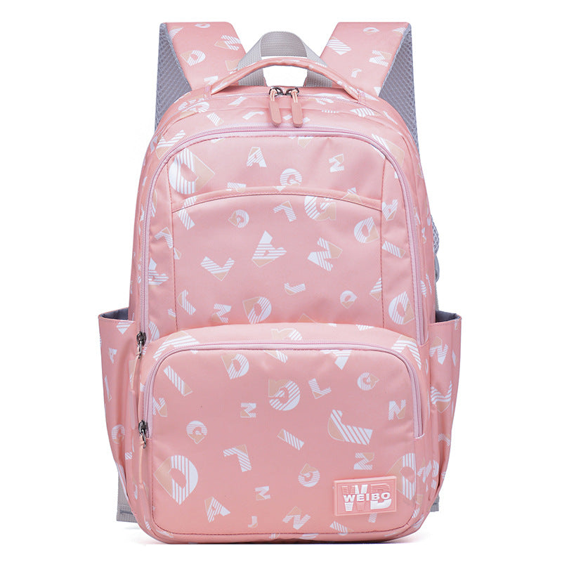 A stylish Simple Printed Junior High School Student Schoolbag made of durable Oxford cloth, featuring multiple pockets and a trendy letter print design.