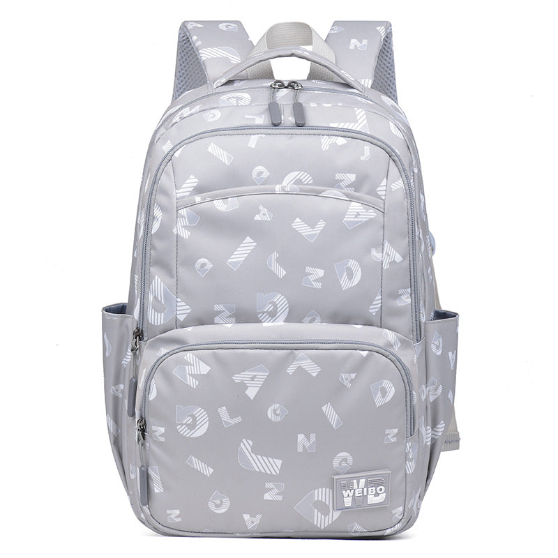 A stylish Simple Printed Junior High School Student Schoolbag made of durable Oxford cloth, featuring multiple pockets and a trendy letter print design.