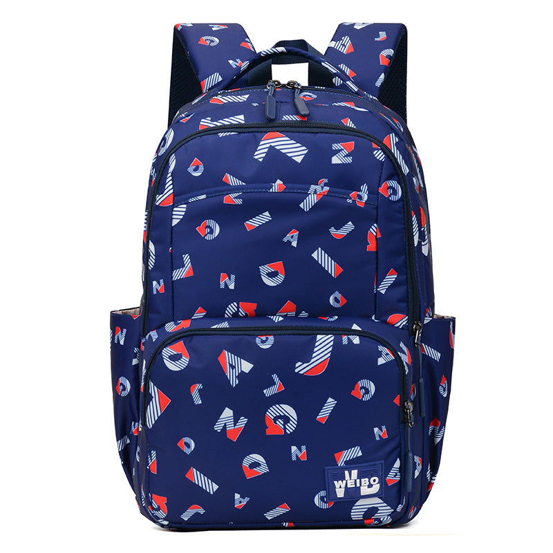 A stylish Simple Printed Junior High School Student Schoolbag made of durable Oxford cloth, featuring multiple pockets and a trendy letter print design.