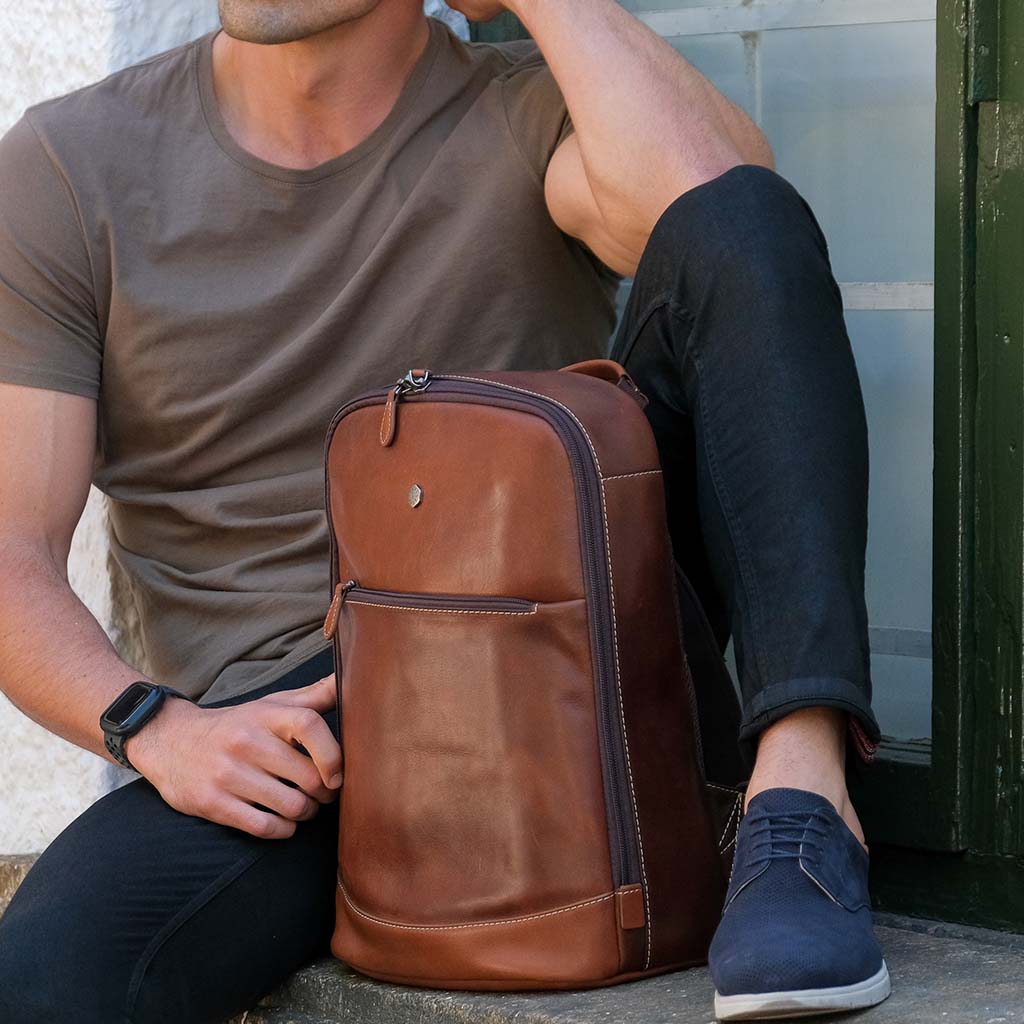 Stylish two-tone single compartment backpack made from recycled PET, perfect for business and casual use.