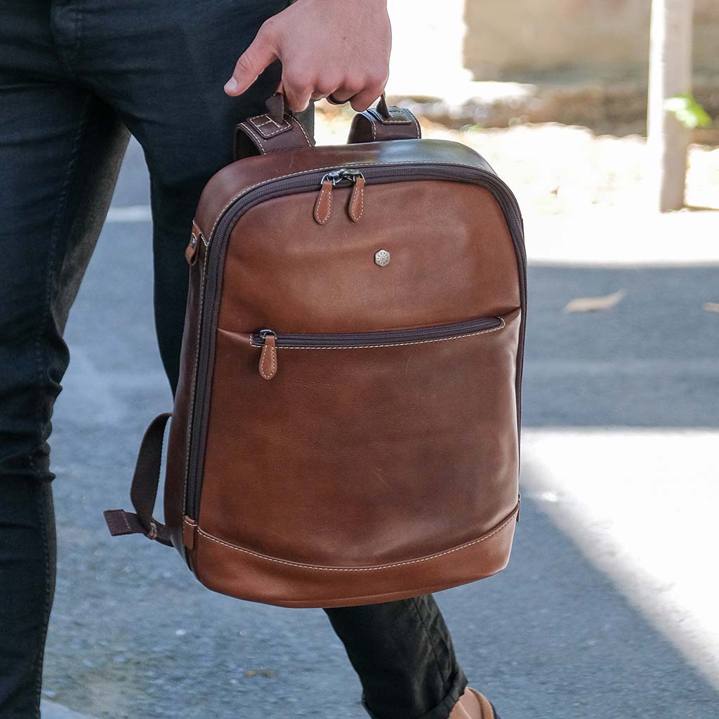 Stylish two-tone single compartment backpack made from recycled PET, perfect for business and casual use.