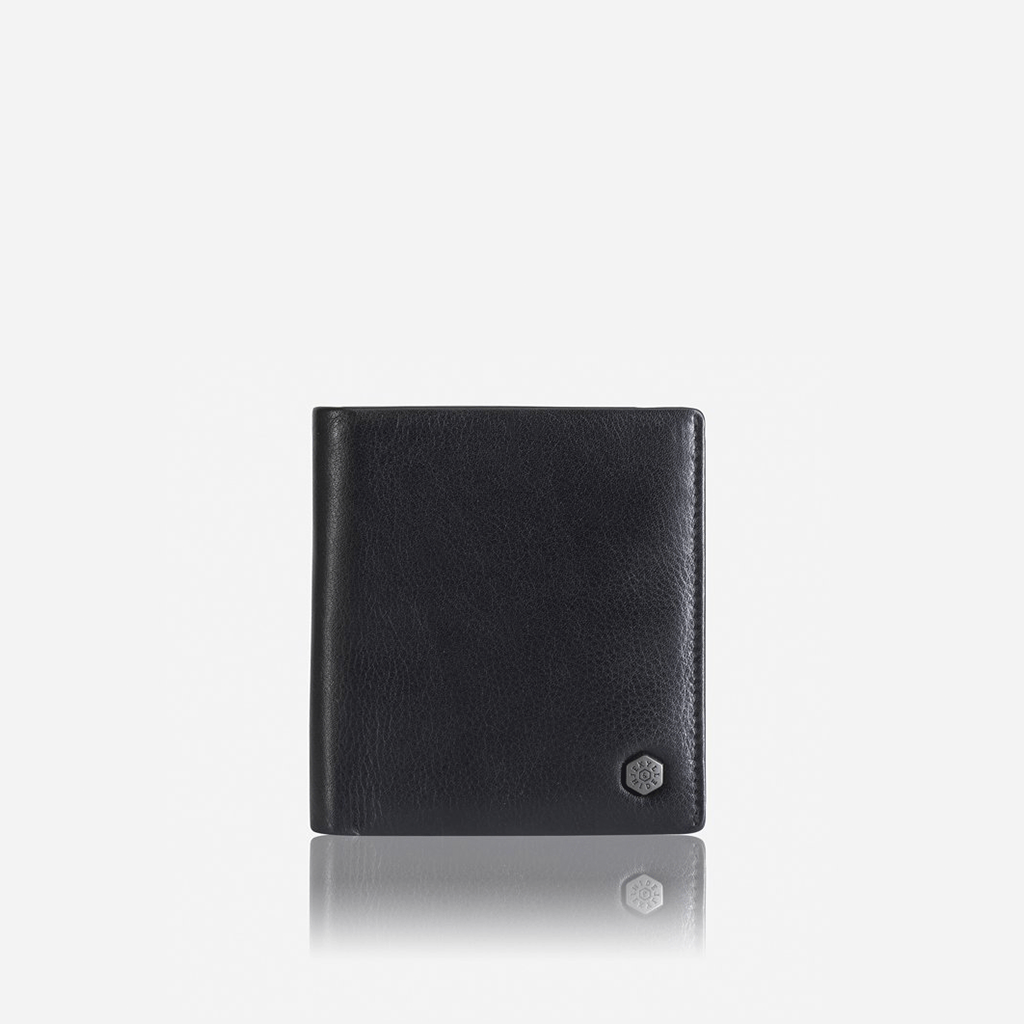 Slim bifold card holder in soft black leather with external zipped coin pocket and internal stud closure.