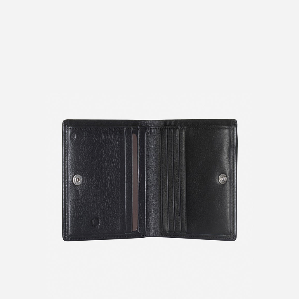 Slim bifold card holder in soft black leather with external zipped coin pocket and internal stud closure.