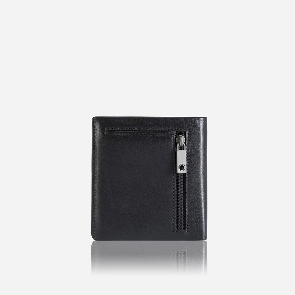 Slim bifold card holder in soft black leather with external zipped coin pocket and internal stud closure.