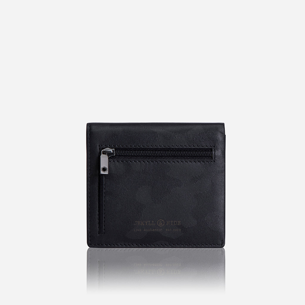 Slim bifold wallet in camo design with exterior coin pouch, showcasing its sleek and functional style.