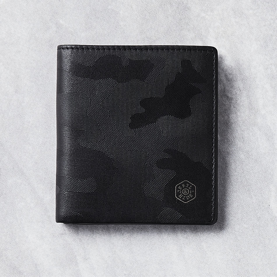 Slim bifold wallet in camo design with exterior coin pouch, showcasing its sleek and functional style.