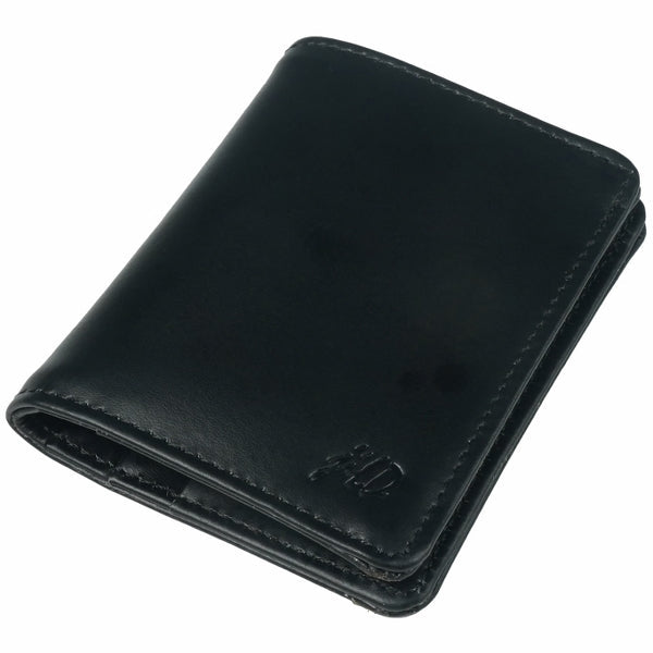 Slim Compact Bi-fold Card Holder made of real cow full grain leather, featuring four credit card slots and an ID card window.