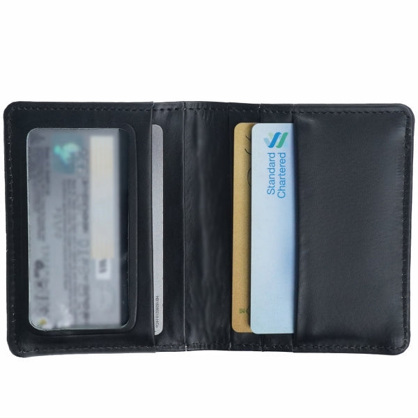 Slim Compact Bi-fold Card Holder made of real cow full grain leather, featuring four credit card slots and an ID card window.