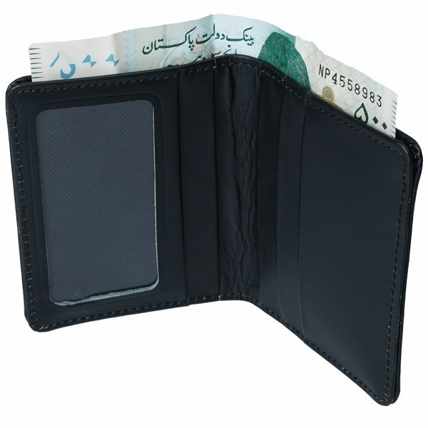 Slim Compact Bi-fold Card Holder made of real cow full grain leather, featuring four credit card slots and an ID card window.