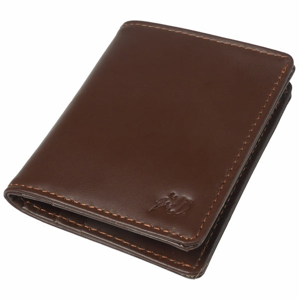 Slim Compact Bi-fold Card Holder made of real cow full grain leather, featuring four credit card slots and an ID card window.