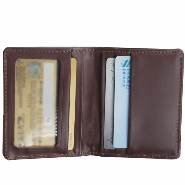 Slim Compact Bi-fold Card Holder made of real cow full grain leather, featuring four credit card slots and an ID card window.