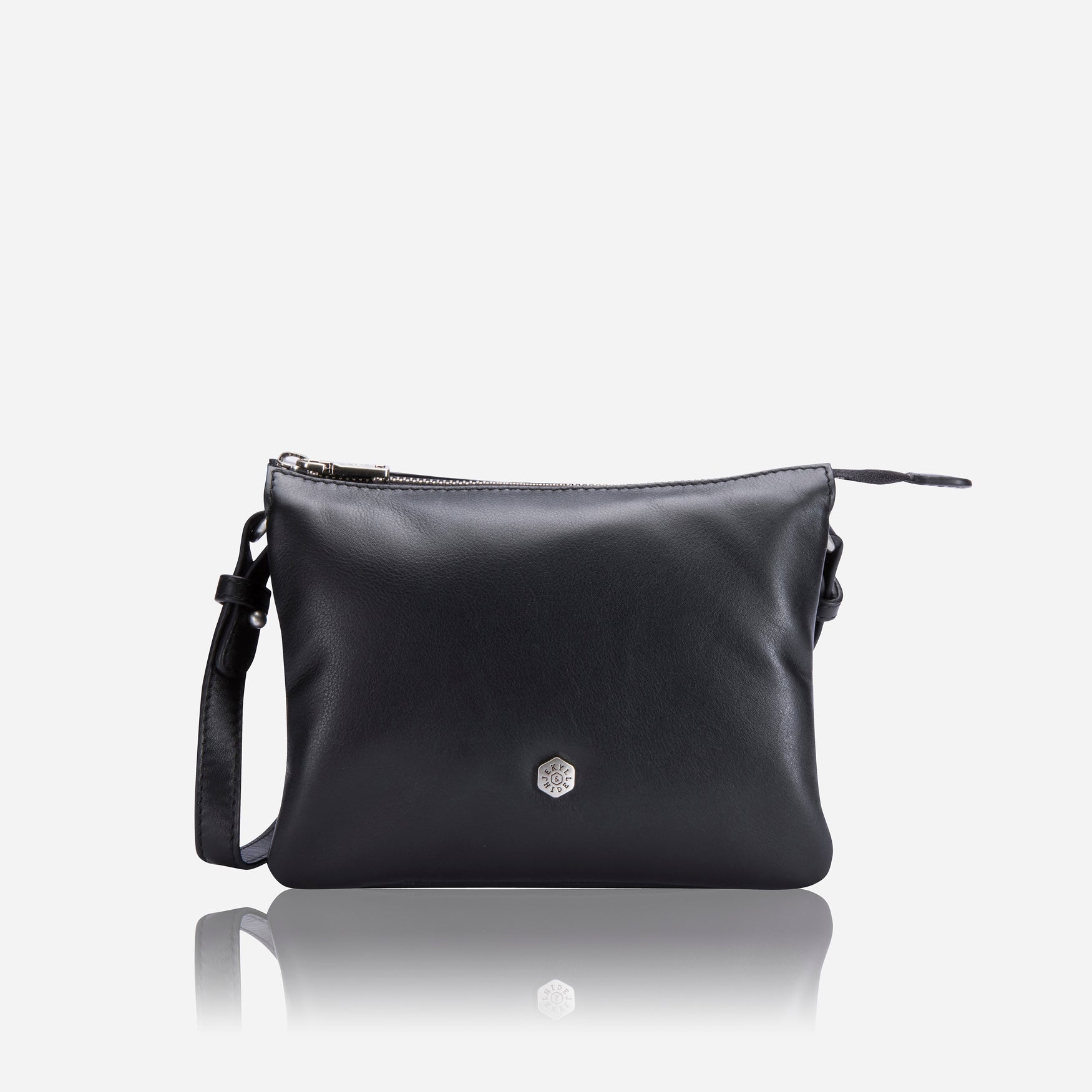 A stylish slim black leather crossbody handbag designed for ladies, featuring an adjustable strap and a sleek minimalist design.