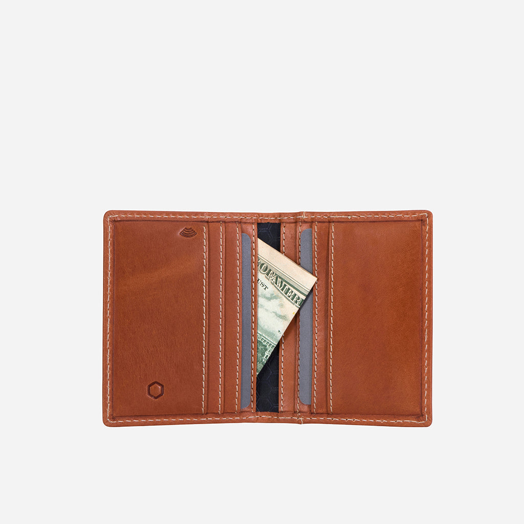 Slim Leather Billfold Card Holder in Tan, showcasing its sleek design and multiple card slots.