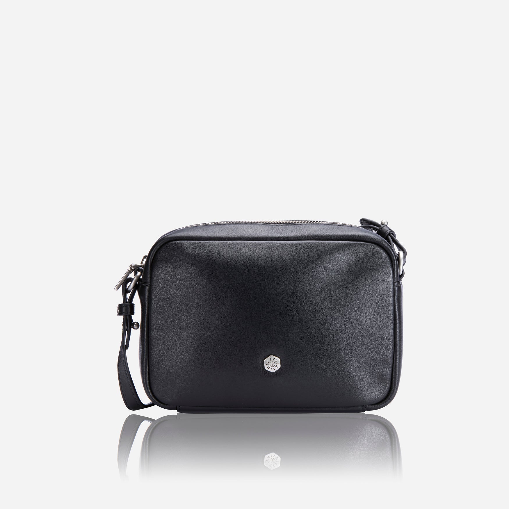 Small black crossbody bag with vibrant interior lining, stylish and compact design.