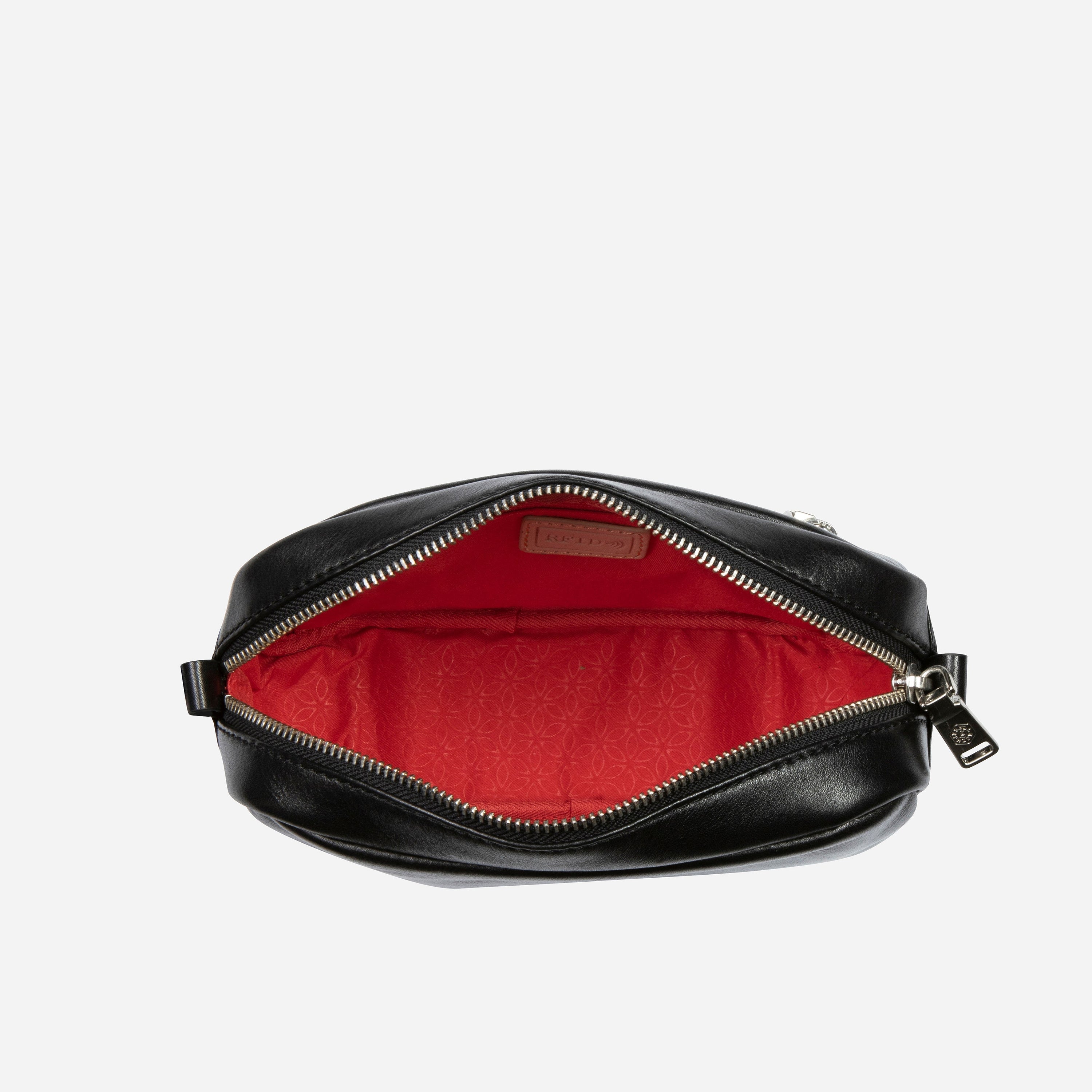 Small black crossbody bag with vibrant interior lining, stylish and compact design.