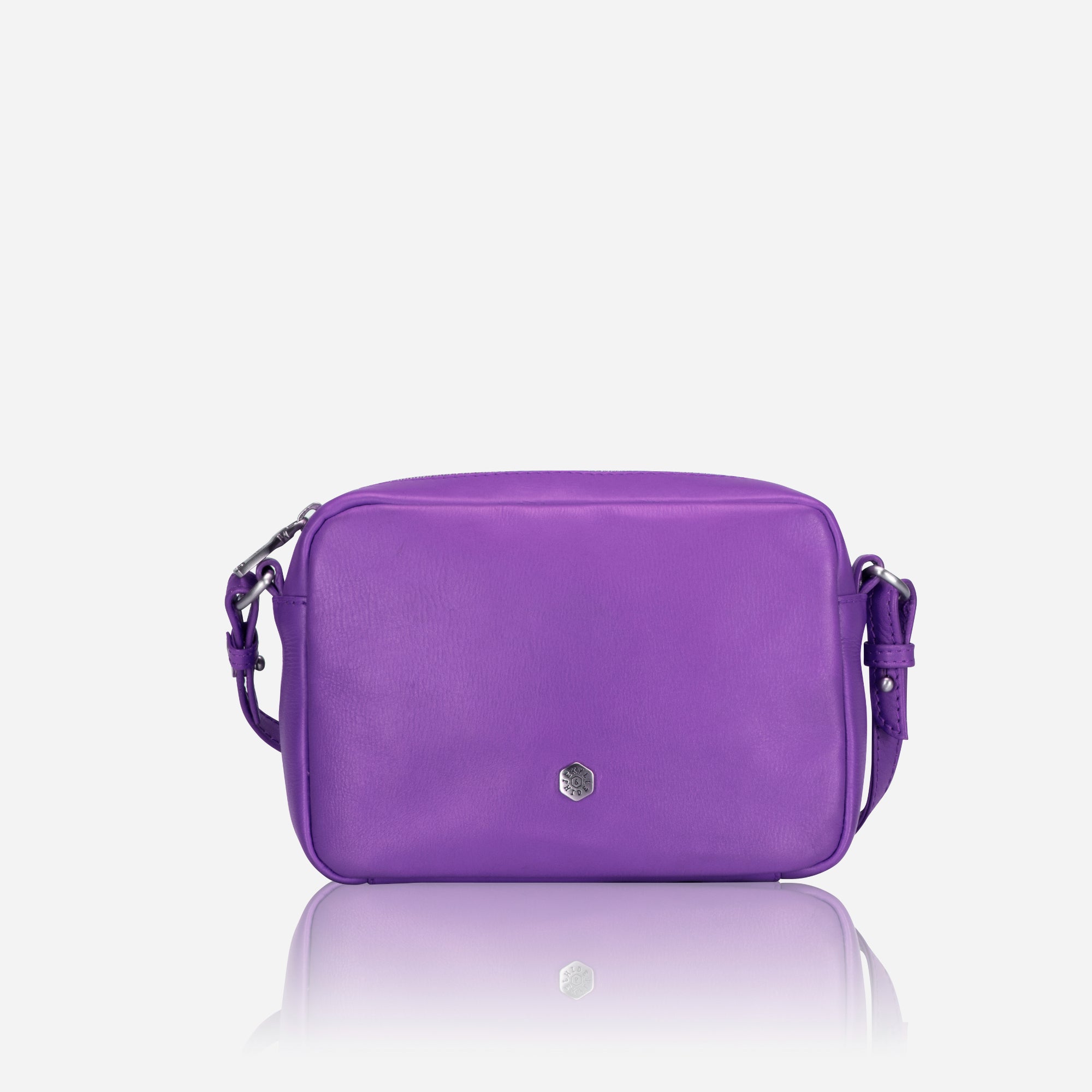 Small Crossbody bag in Electric Iris color with vibrant lining, showcasing its sleek design and spacious interior.