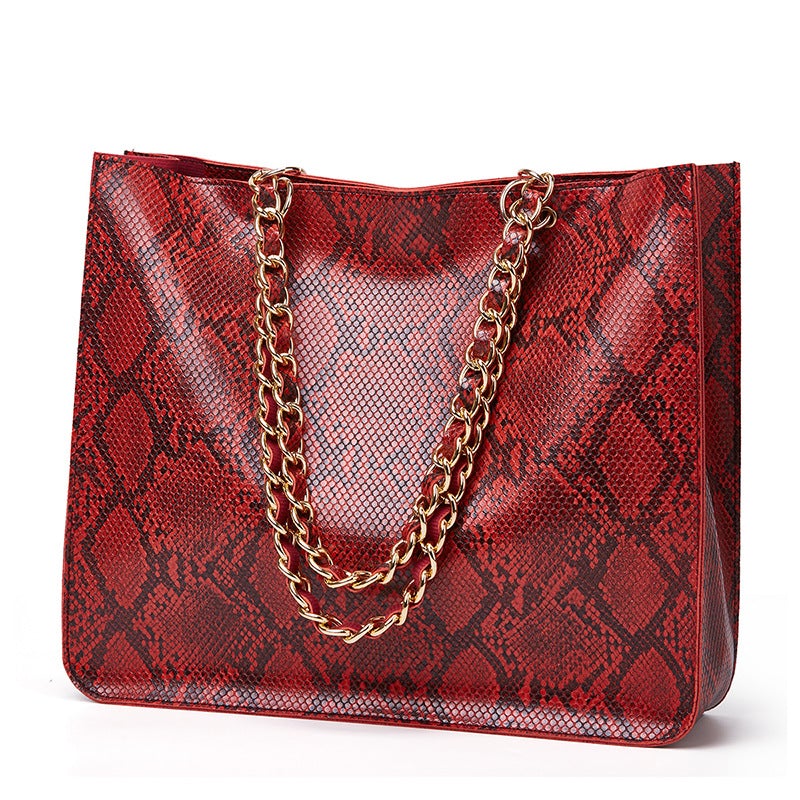 Stylish snake pattern messenger bag in various colors, showcasing its large capacity and double straps.