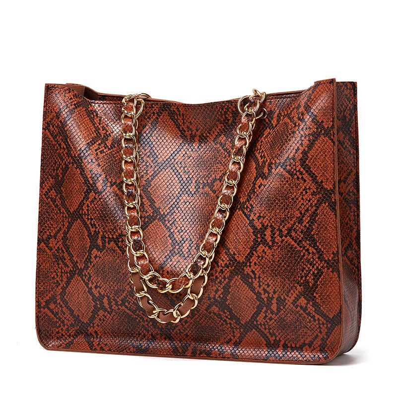 Stylish snake pattern messenger bag in various colors, showcasing its large capacity and double straps.